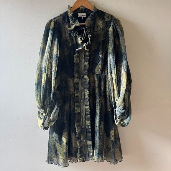 Ganni Dresses & Skirts - GANNI Pleated Georgette Balloon-sleeve Dress in Black and Olive Green